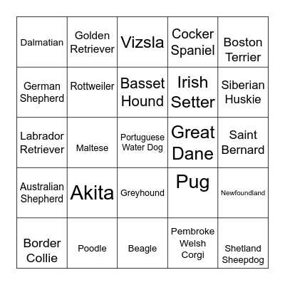 Dog Breeds Bingo Card