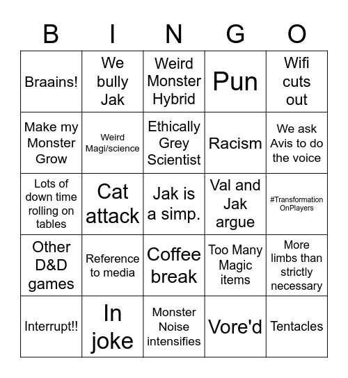 I'm so sorry. Bingo Card