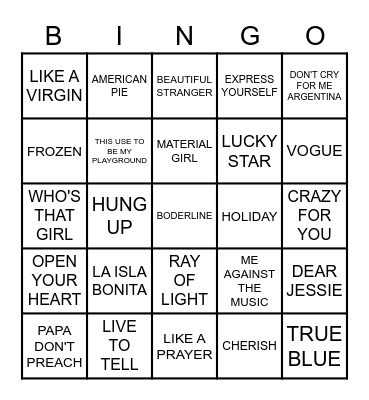 Madonna Rock N Roll Bingo Card
