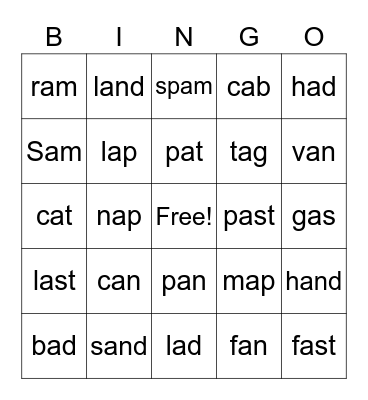 Short a Bingo Card