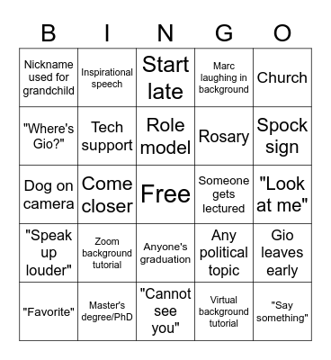 Banana Q Zoom Bingo Card