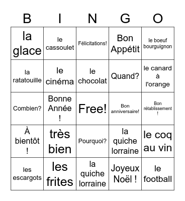 French Review Grade 4 Bingo Card