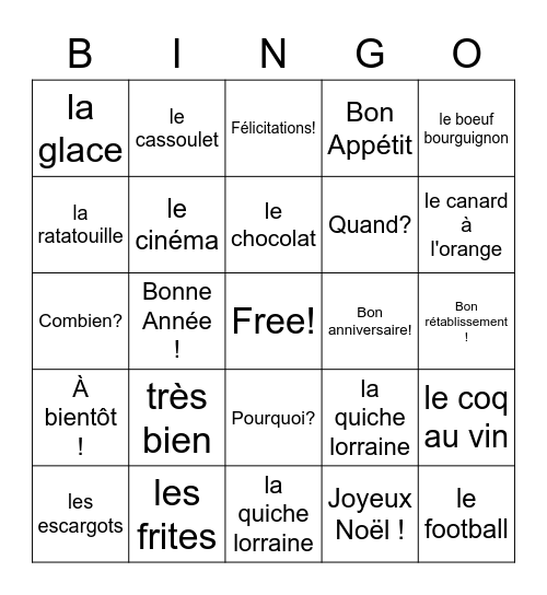 French Review Grade 4 Bingo Card