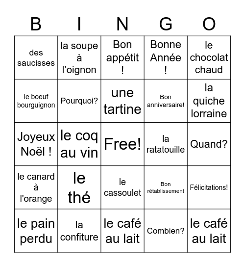 French Review Grade 6 Bingo Card