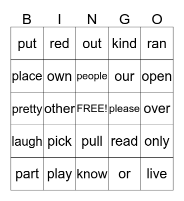Sight Word Set 8 Bingo Card