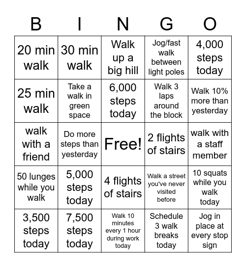 10,000 steps challenge Bingo Card