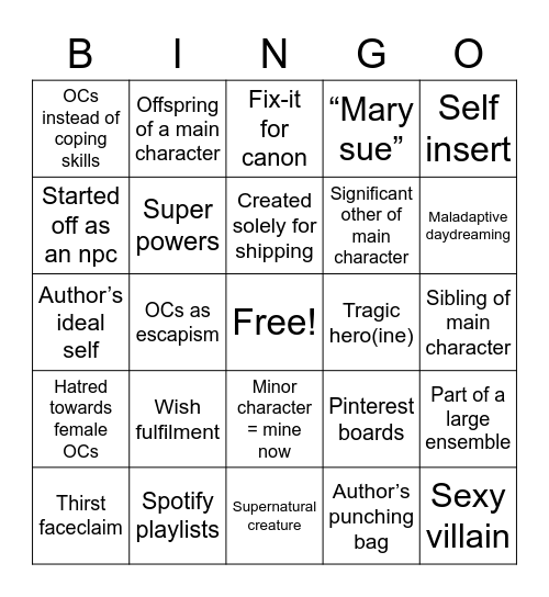 Original Character Bingo Card