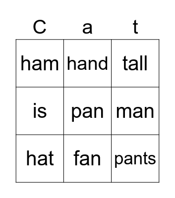 Short a CVC words Bingo Card