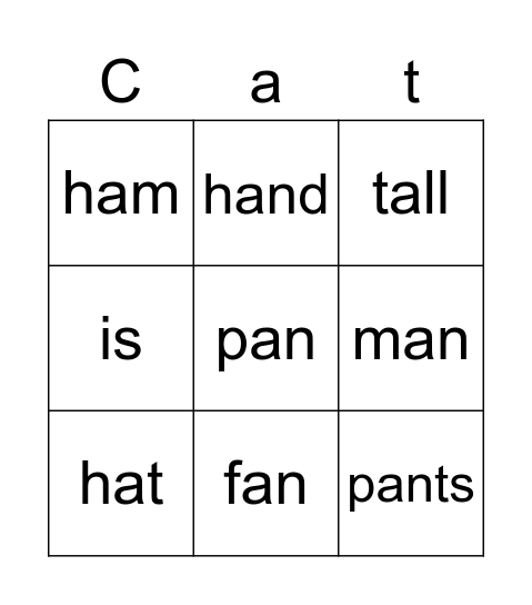 Short a CVC words Bingo Card
