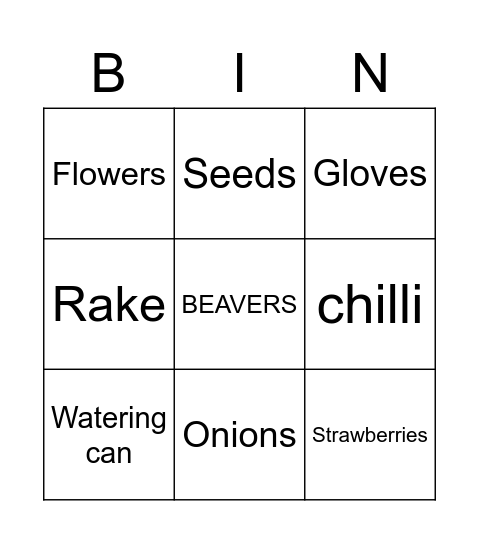 Beavers Garden Bingo Card