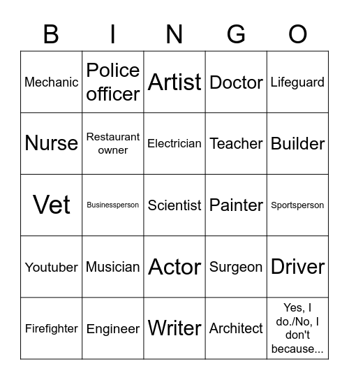 Do you want to be a(n)____________? Why or why not? Bingo Card