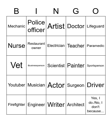Do you want to be a(n)____________? Why or why not? Bingo Card
