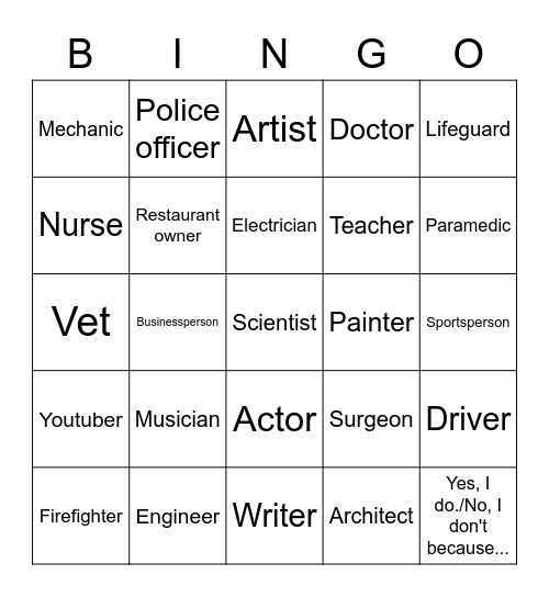 Do you want to be a(n)____________? Why or why not? Bingo Card
