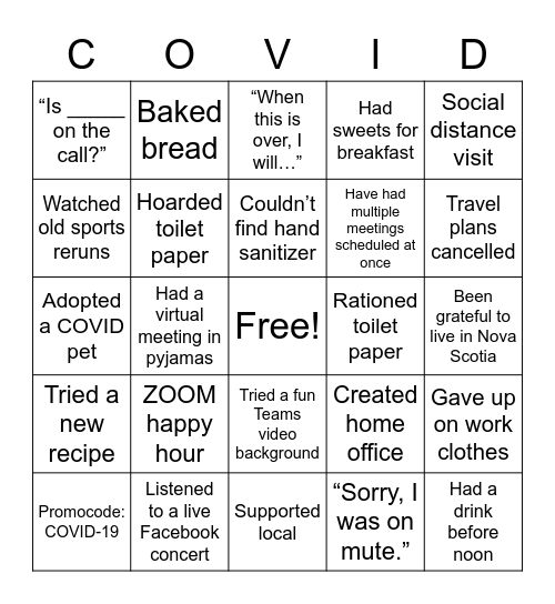 Isolation Bingo Card