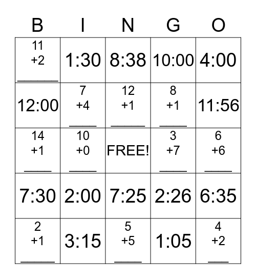 Time and Addition  Bingo Card