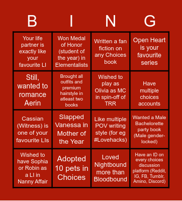 Choices Bingo Card