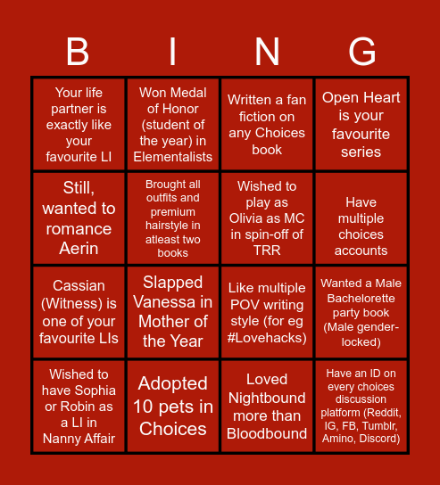 Choices Bingo Card