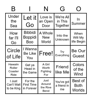 Disney Music Bingo Card