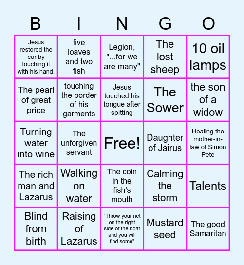 JESUS (Miracles and parables) Bingo Card