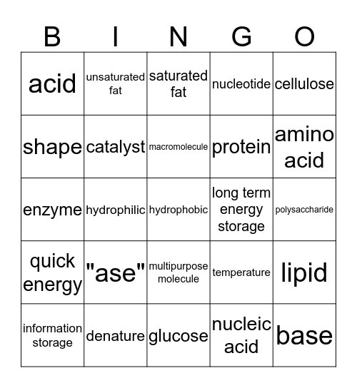 Biochemistry Unit Review Bingo Card