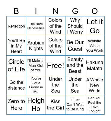 Disney Music Bingo Card