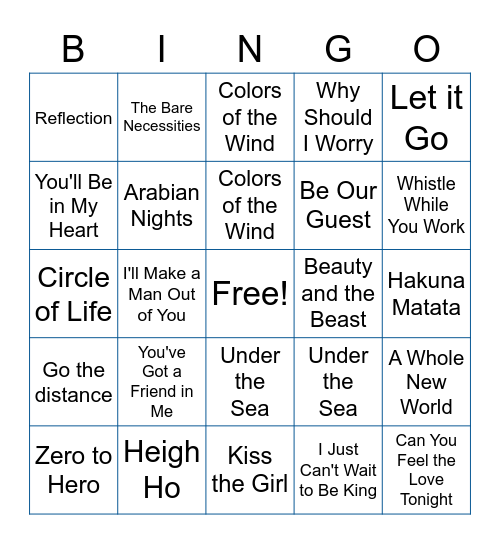 Disney Music Bingo Card