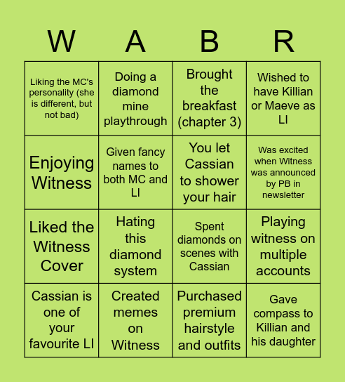 Choices Bingo: Witness Special Bingo Card