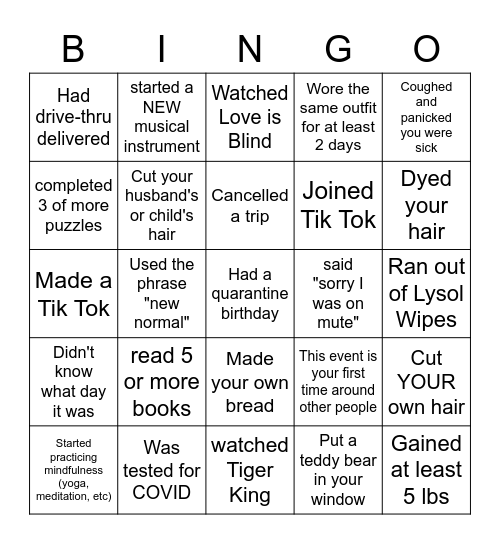 Quarantine BINGO Card