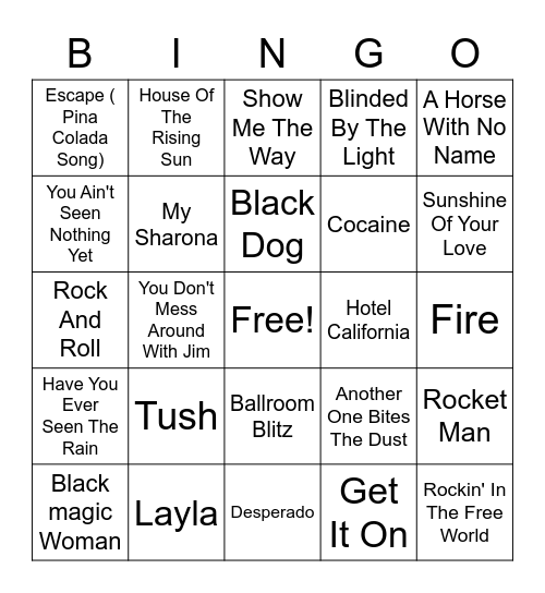 70s Rock Bingo Card