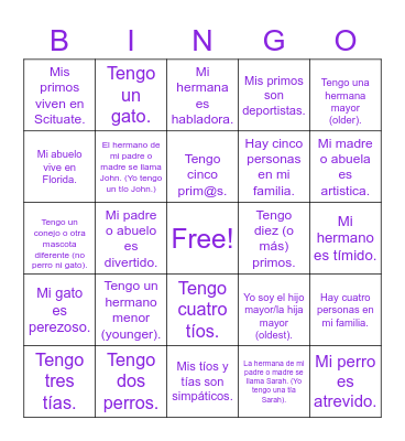 Mi familia- Mi gente Bingo Card