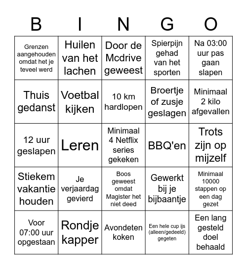 Dingen doen Bingo Card