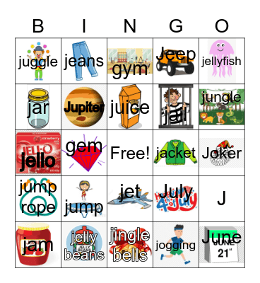 "J" Initial Words BINGO Card
