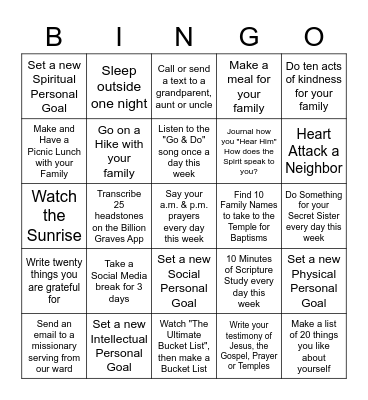 PPYW Virtual Girls Camp Bingo Card