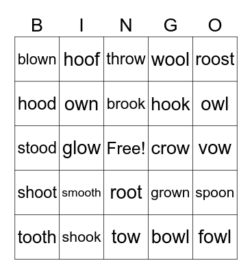 oo and ow family words Bingo Card
