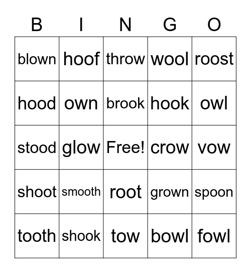 oo and ow family words Bingo Card