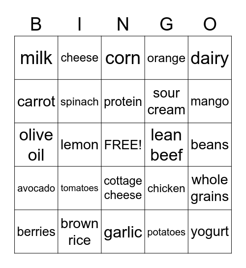 Healthy Food Bingo Card