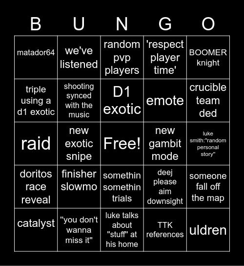 BUNGO Bingo Card