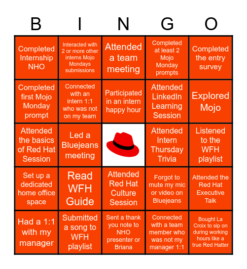 Red Hat 2020 Summer Internship June Bingo Card