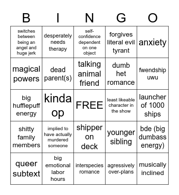 fantasy childrens' cartoon protag bingo Card