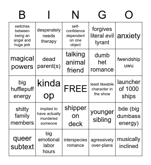 fantasy childrens' cartoon protag bingo Card