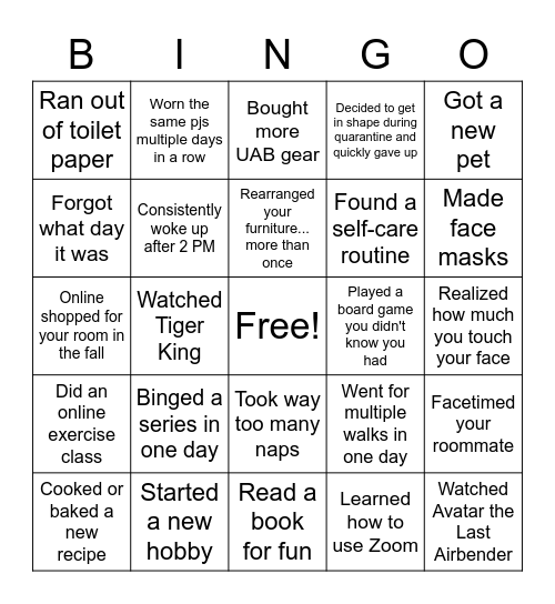 Quarantine Bingo Card