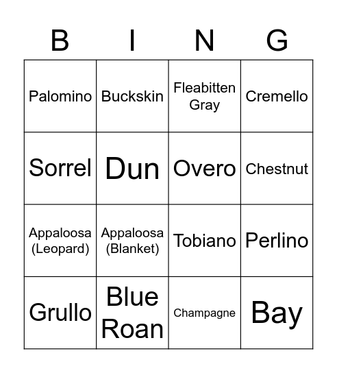 Horse Colors Bingo Card