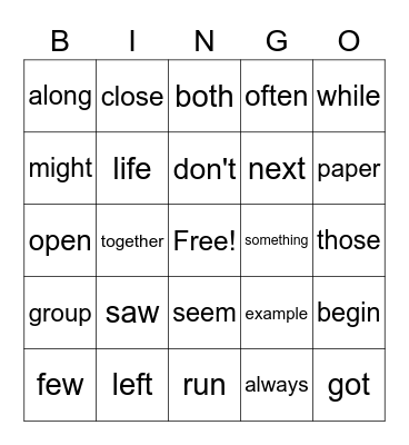 FRYS LIST 2 Bingo Card