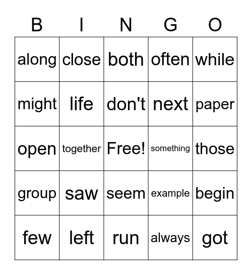 FRYS LIST 2 Bingo Card