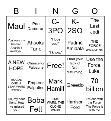 Star Wars Bingo Card