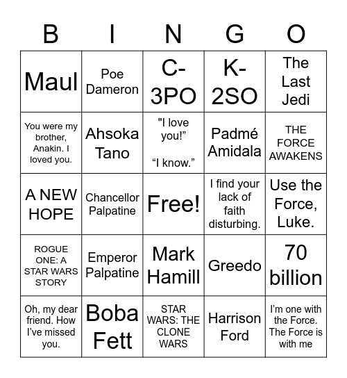 Star Wars Bingo Card