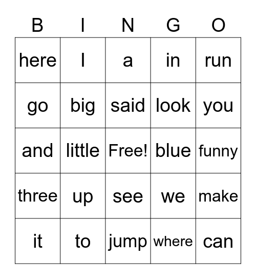 Sight Words Bingo Card