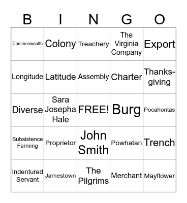Colonial Vocab! Bingo Card