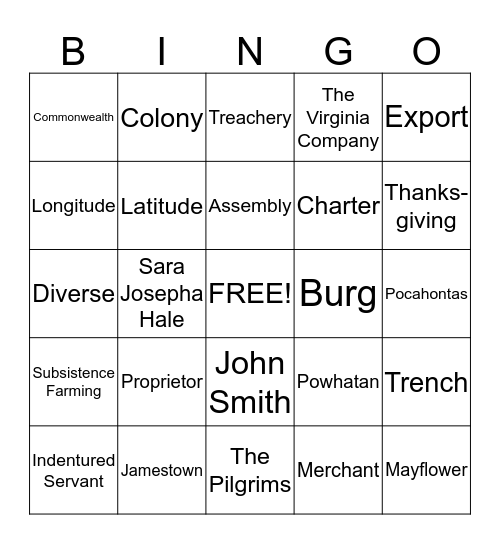 Colonial Vocab! Bingo Card