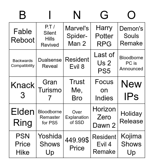 Sony Show Bingo Card